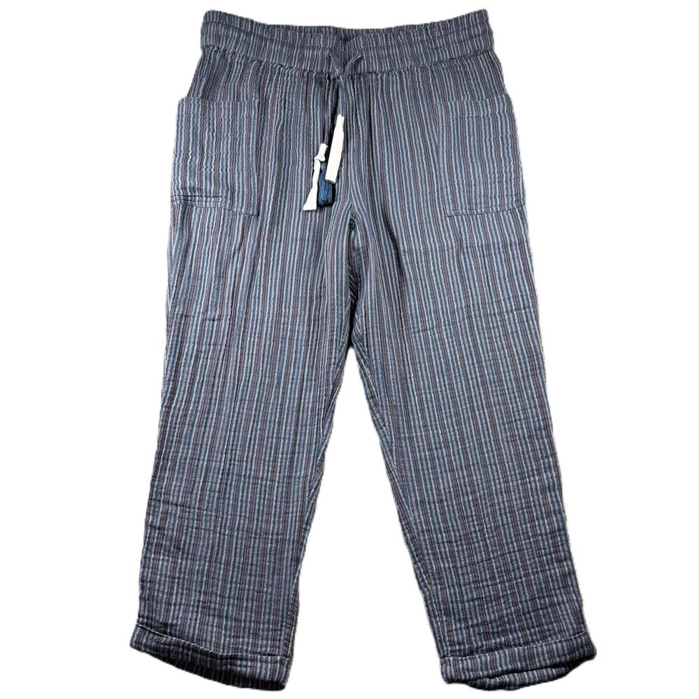 Sundance Women Bakari Pants NEW Boho Striped Cotton Gauze Pull On Blue XL P266